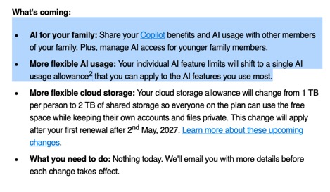 Microsoft email announcing Copilot sharing for Microsoft 365 Family plans