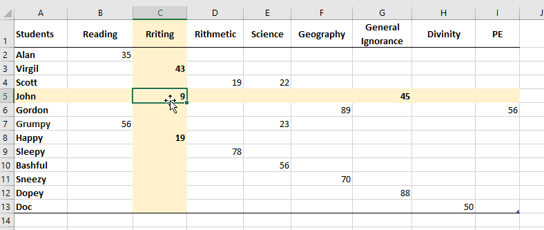 row and column in excel