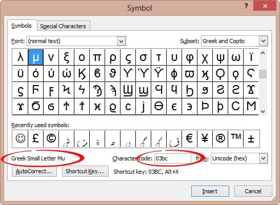 Character Code For Mu In Excel Mac