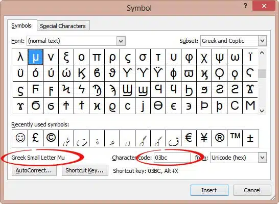 Micron µ or mu μ in Word and Office