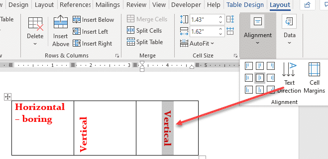 microsoft word text direction in table