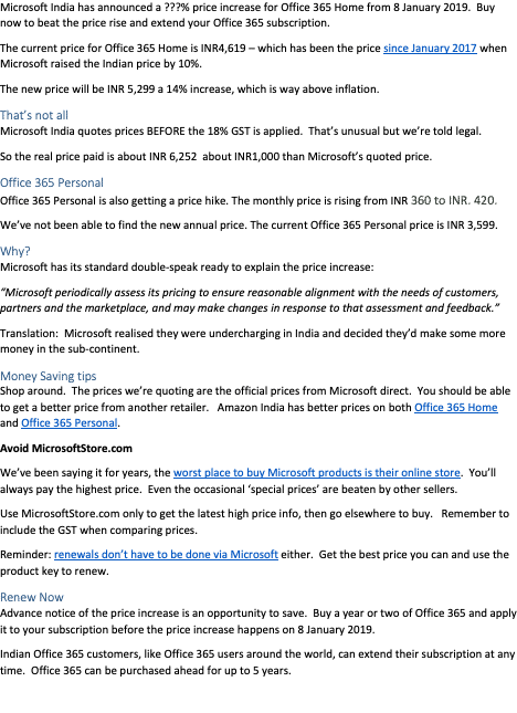 Office 365 goes up 15% in India – buy now