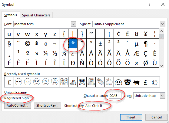 Registered Trade Mark ® symbol in Word and Office