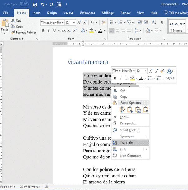 Translating selected text in Word