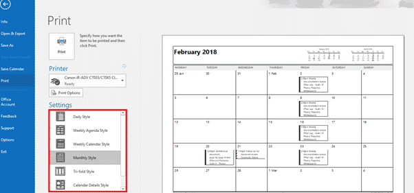Outlook Print Calendar Options a Daily/Weekly/Monthly plan on paper