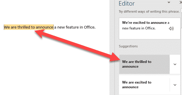 Updated Rewrite Suggestions in Microsoft Word – sentence-level