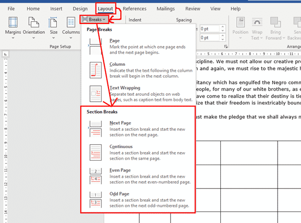 cannot delete section break (next page) in word